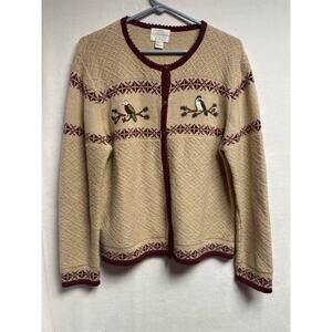 Vintage Christopher & Banks embroidered Wool tan‎ sweater button up Women Large